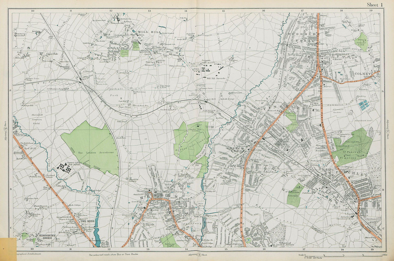 FINCHLEY/HENDON Mill Hill Colindale Colney Hatch Fortis Green. BACON  1913 map